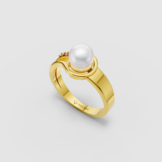 Lyra – 18K Gold Natural Pearl & Ruby Accent Bypass Ring