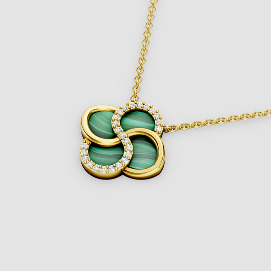 Celestia – 18K Gold Malachite Four-Petal Pinwheel Pendant with Moissanite Swirl