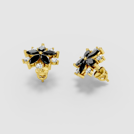 Susan - Black Spinel & Moissanite Flower Earrings in 18K Gold