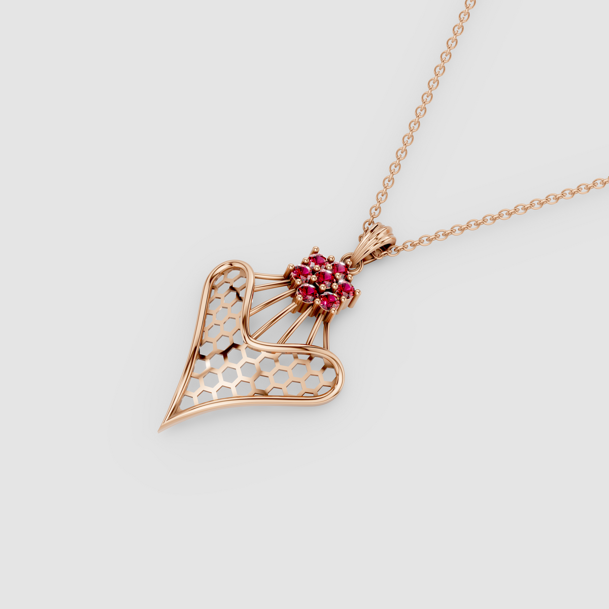 Grace – Ruby Floral Cluster & Lattice Heart Pendant in 18KT Gold