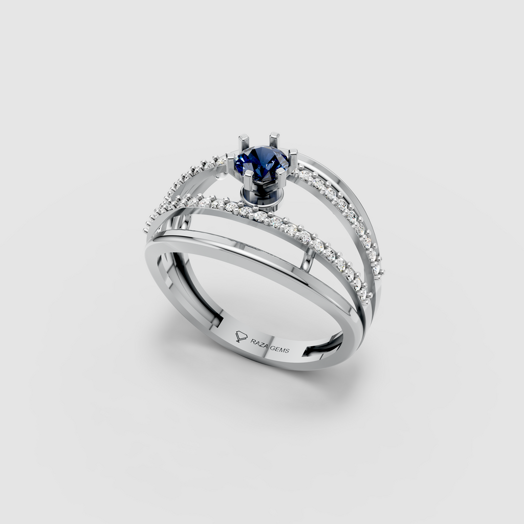 Evelyn – Round Blue Sapphire & Moissanite Double Pavé Band Ring in 18KT Gold