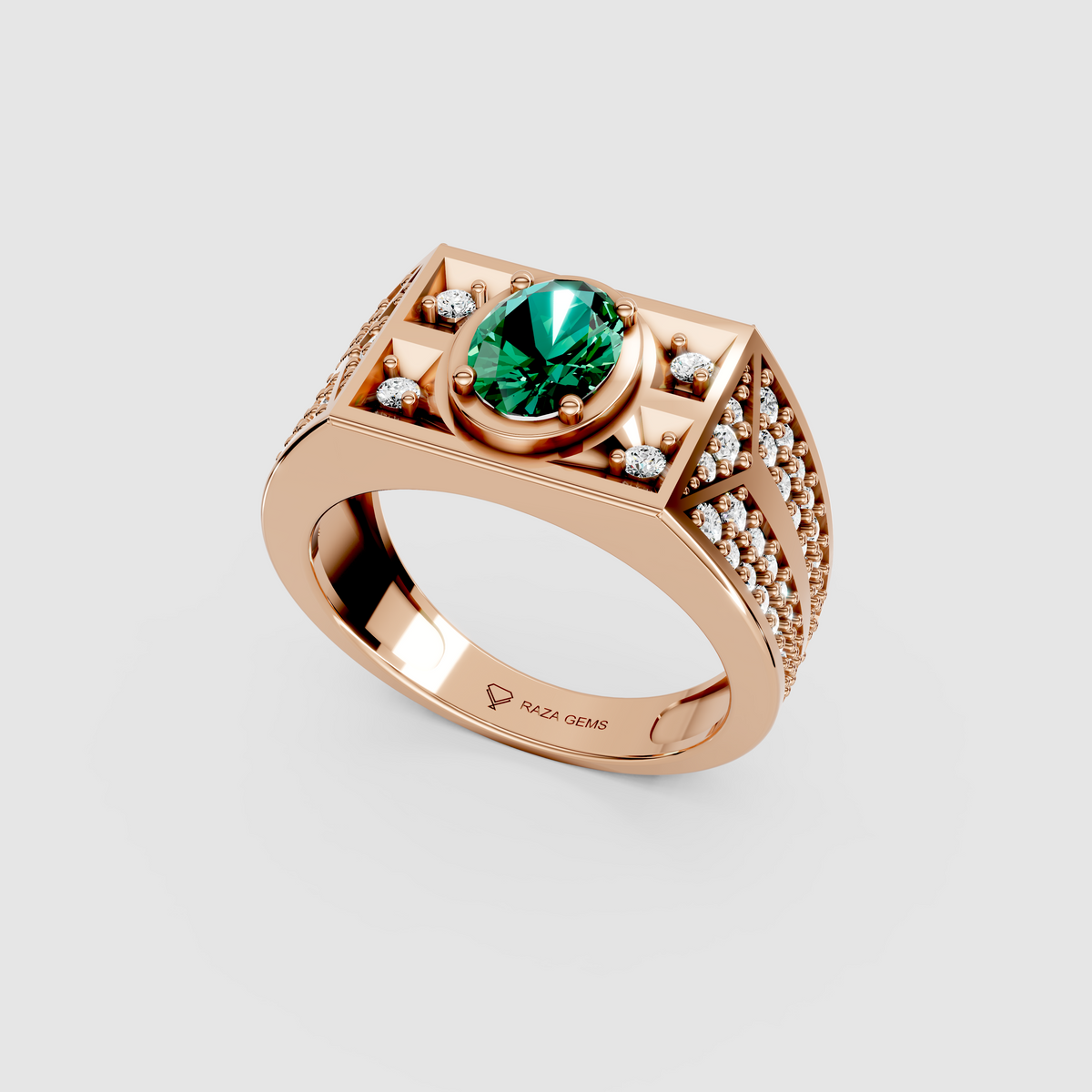 Arabella – Oval Emerald Men's Ring with Moissanite Accents in 18KT Gold