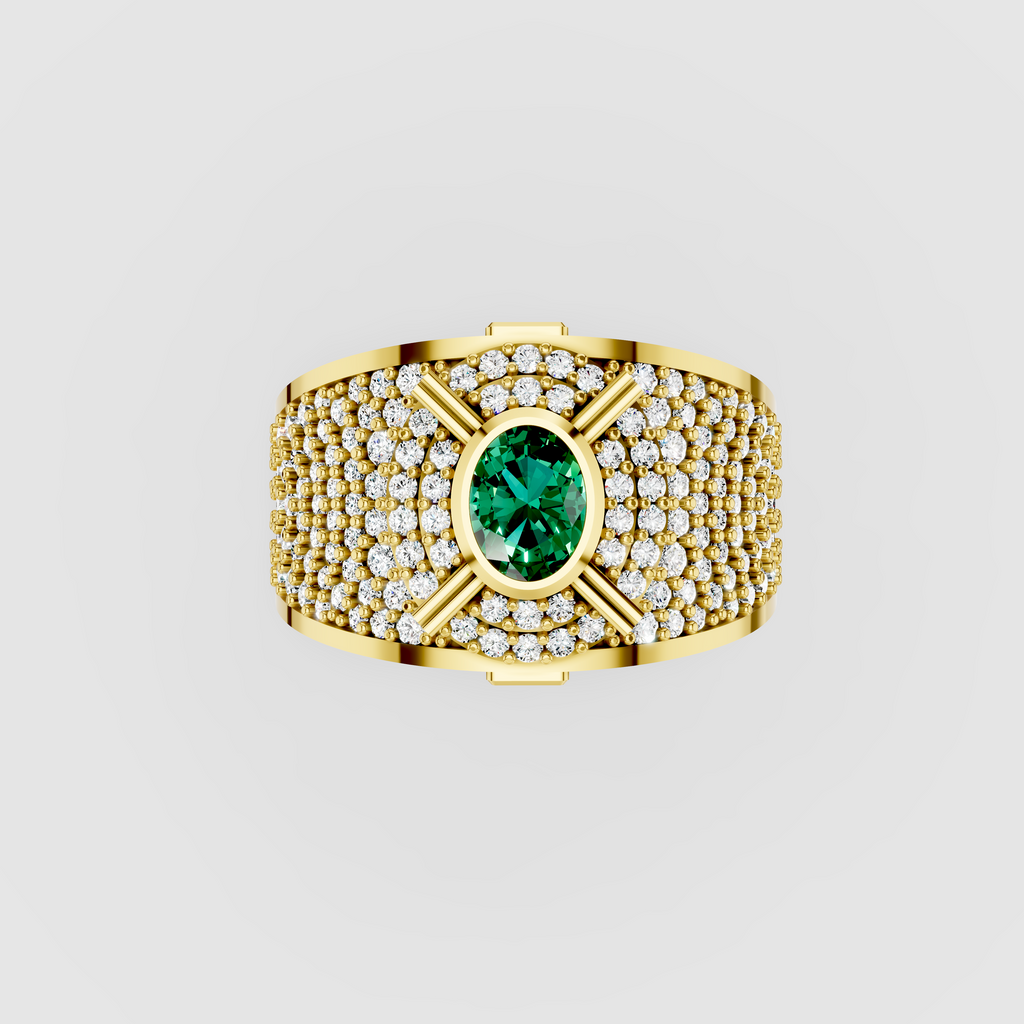 Camille - Solid 18K Gold Round Emerald, Moissanite Pavé & Blue Sapphire Ring