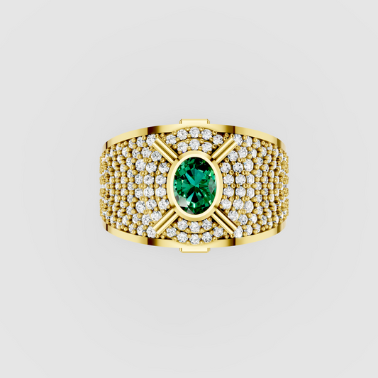 Camille - Solid 18K Gold Round Emerald, Moissanite Pavé & Blue Sapphire Ring