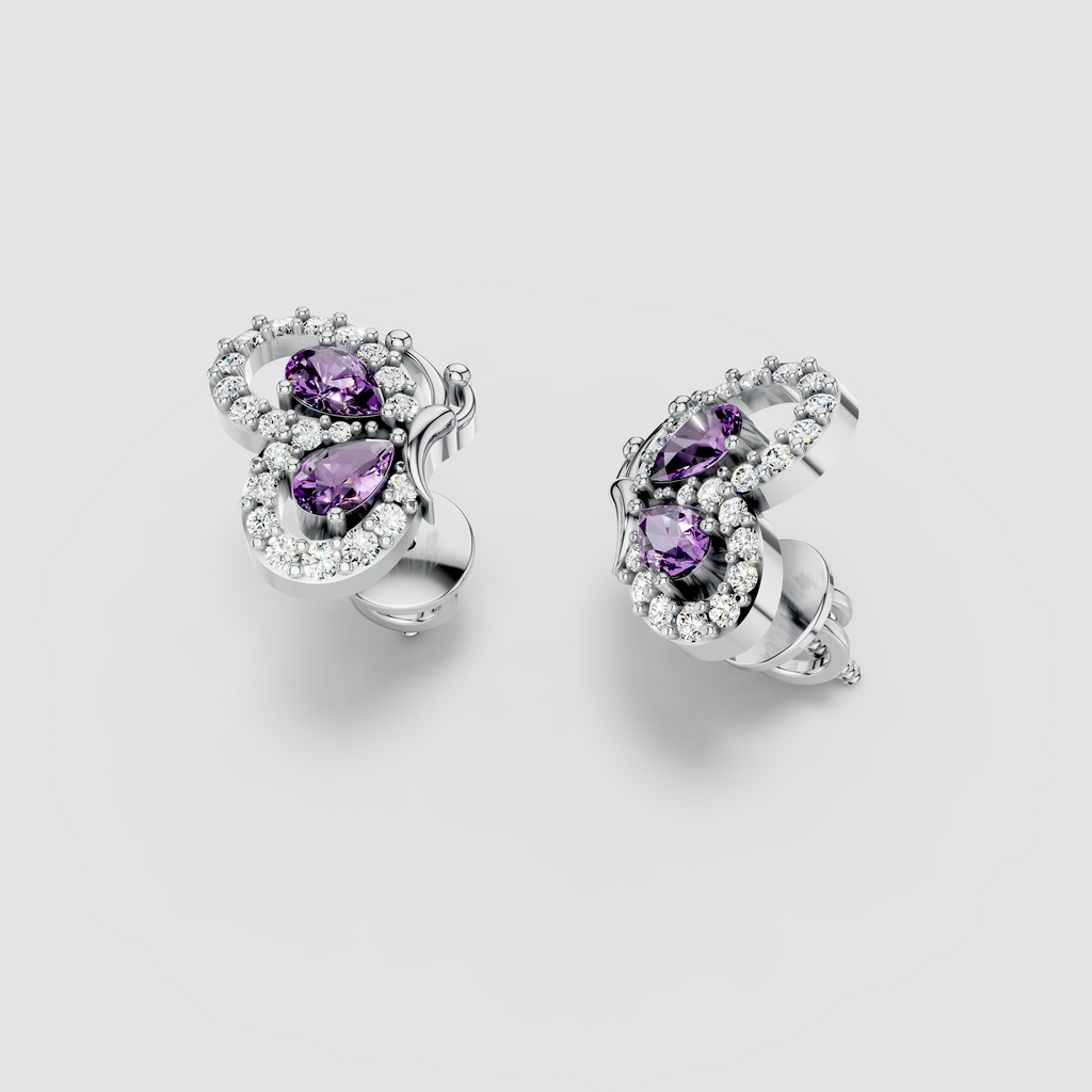 Anna - 18K Gold Pear Amethyst & Moissanite Halo Butterfly Stud Earrings"