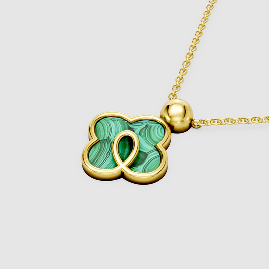 Grace – Natural Malachite Clover Pendant with Gold Loop Accent in 18KT Gold