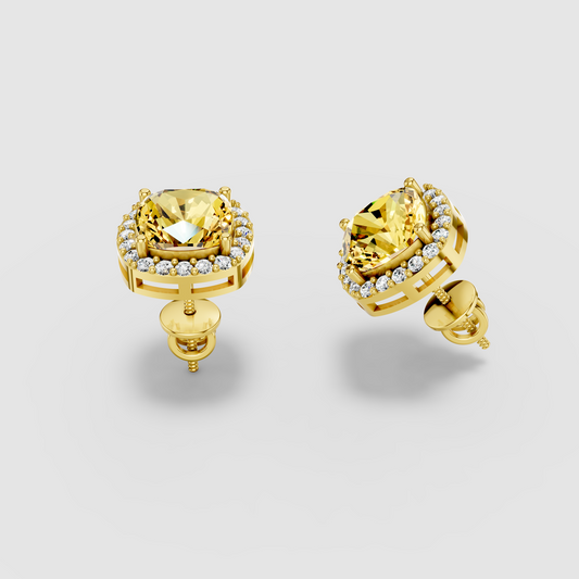 Donna - Solid 18K Gold Cushion Yellow Sapphire with Moissanite Halo Earrings"