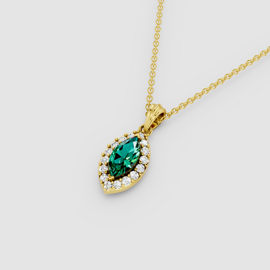 Ashley - 18K Gold Marquise Emerald & Moissanite Halo Pendant (Pendant Only)"