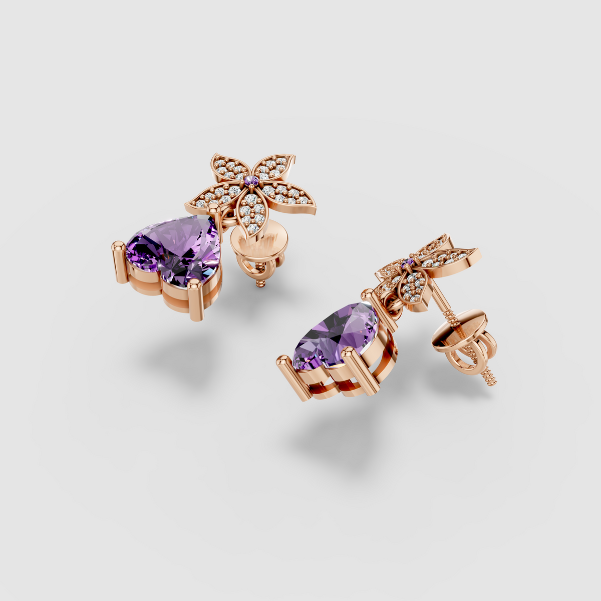 Emma - Regal Bloom 18K Gold Amethyst Heart and Sparkling Moissanite Dangle Earrings