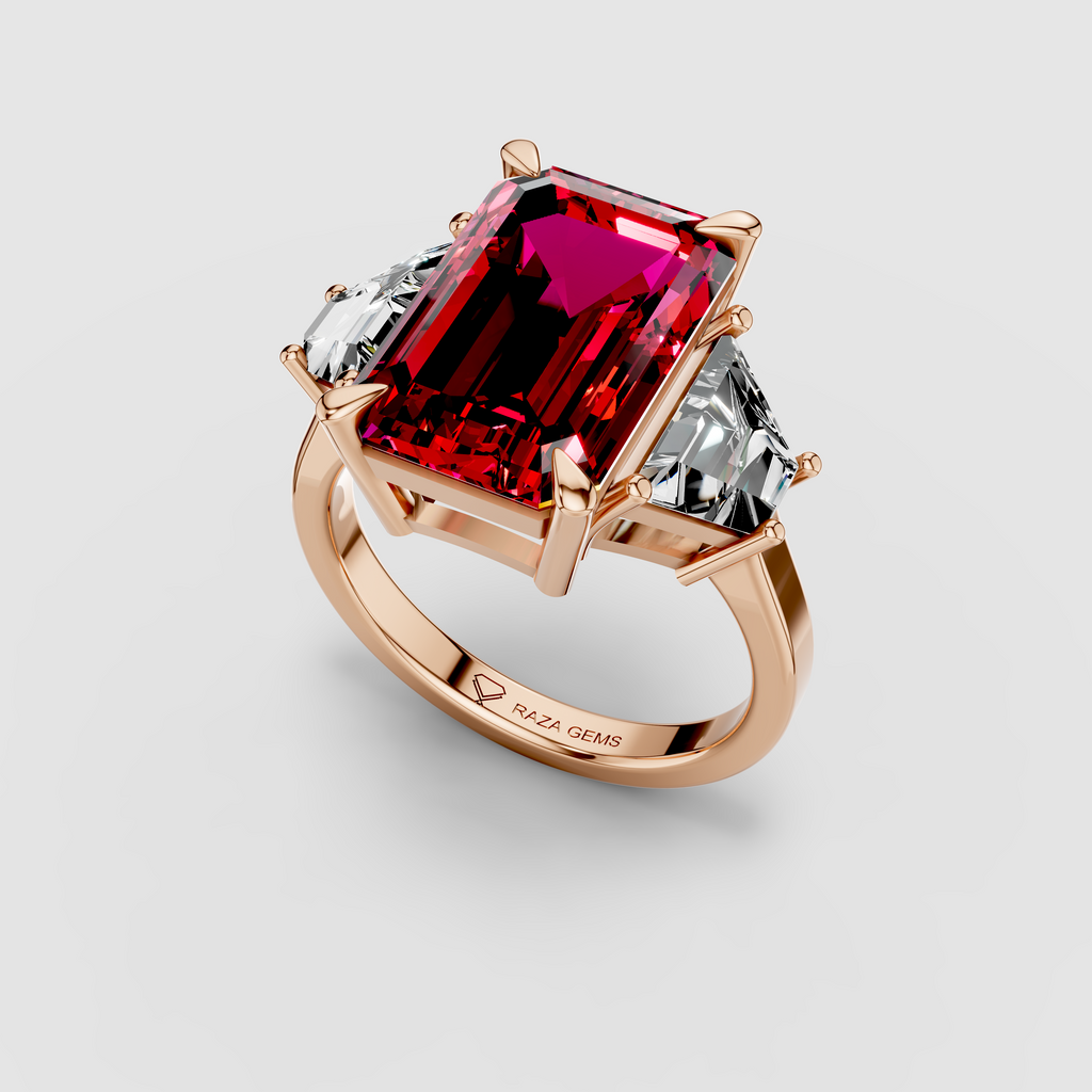 Olivia - 18K Gold Three-Stone Ruby & Moissanite Engagement Ring"