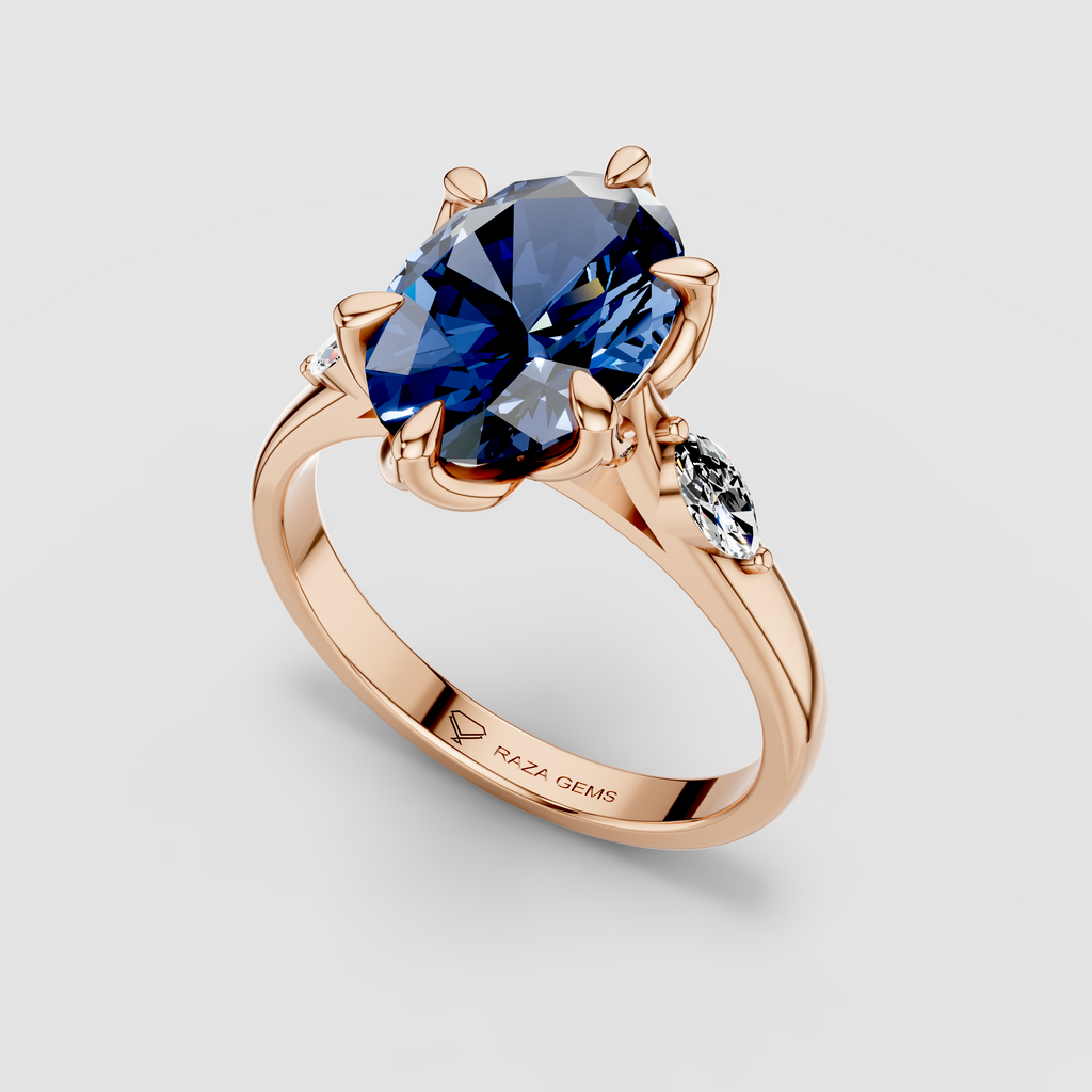 Charlotte - Solid 18K Gold Oval Blue Sapphire with Marquise Moissanite Side Stones"