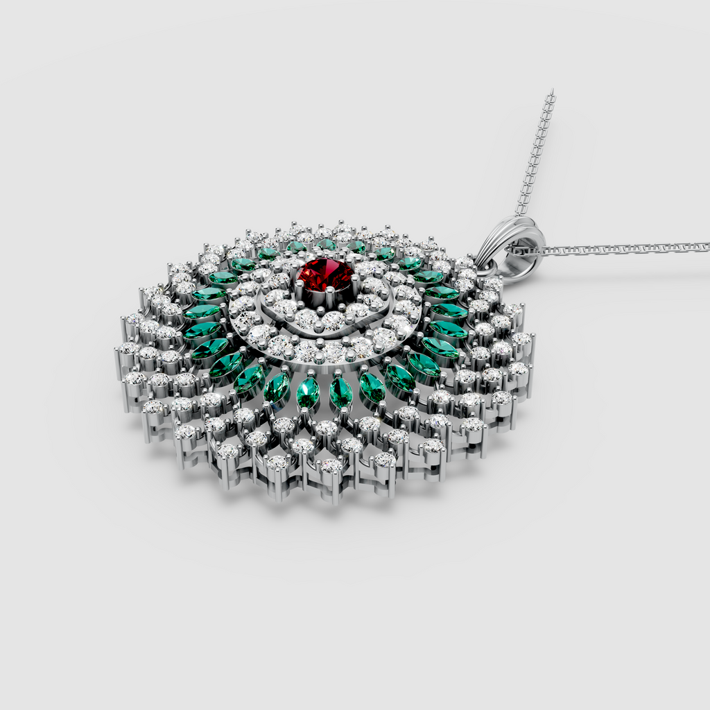 Imperia – 18K Gold Royal Rosette Medallion Pendant with Ruby, Emerald & Moissanite