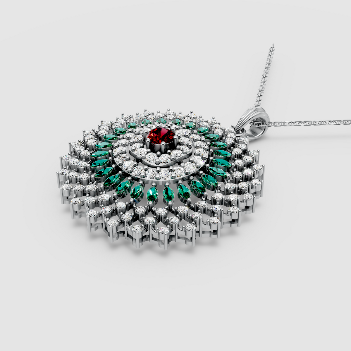 Imperia – 18K Gold Royal Rosette Medallion Pendant with Ruby, Emerald & Moissanite