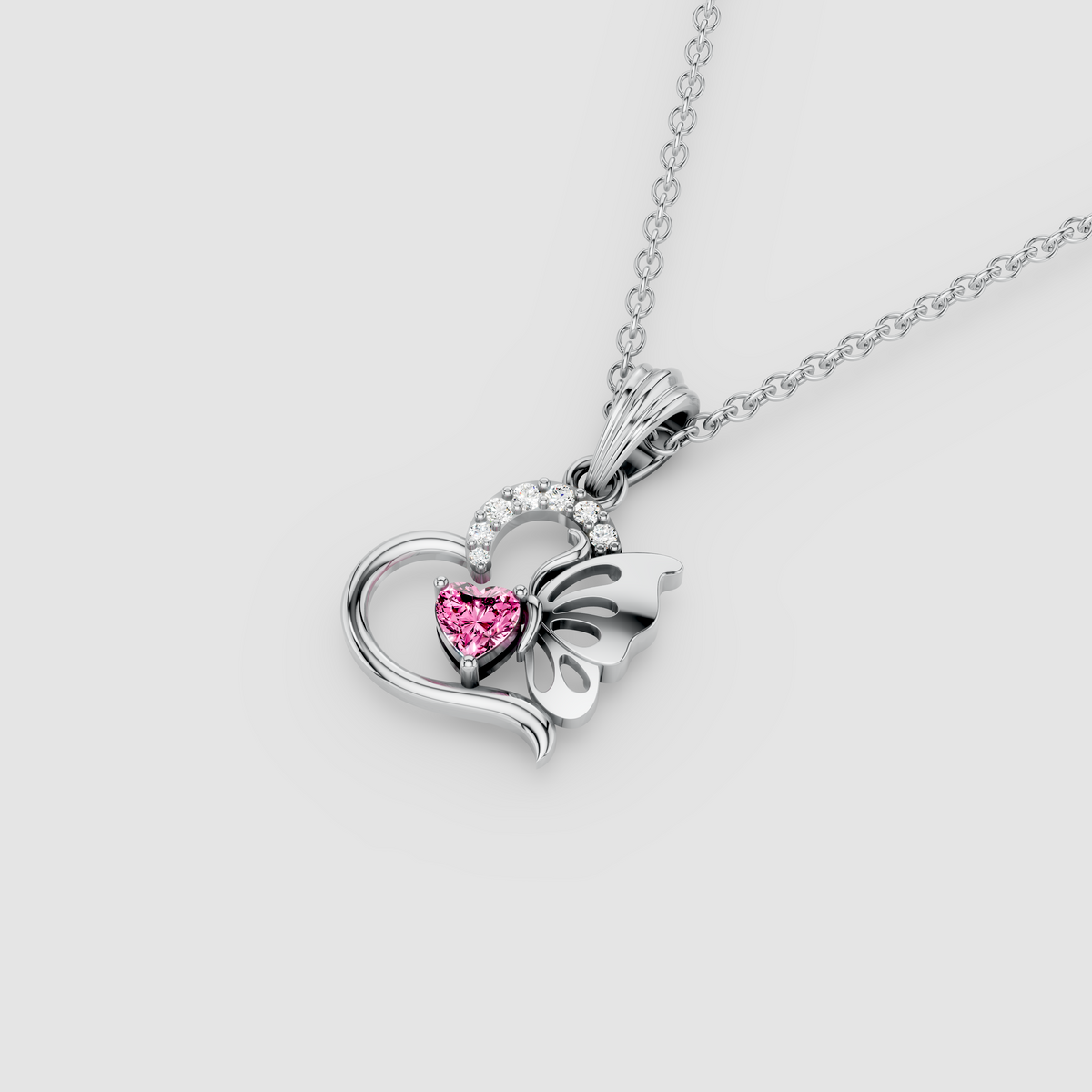 Samantha - Solid 18K Gold Heart-Cut Pink Topaz & Butterfly Drop Pendant"