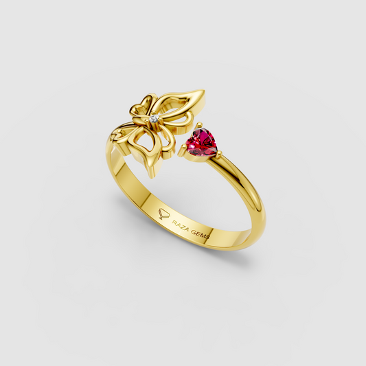 Hazel – 18K Gold Heart Ruby & Moissanite Butterfly Bypass Ring