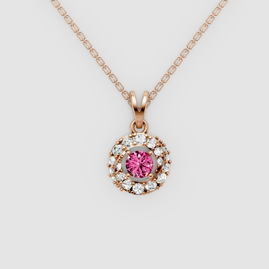 Daisy – Round Pink Sapphire Solitaire Halo Pendant with Moissanite in 18KT Gold