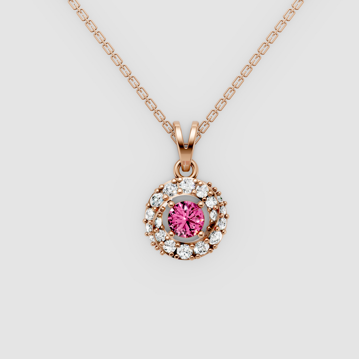 Daisy – Round Pink Sapphire Solitaire Halo Pendant with Moissanite in 18KT Gold