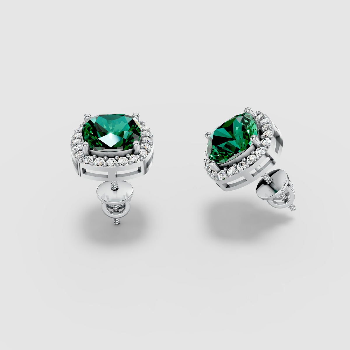 Kimberly - Solid 18K Gold Cushion Emerald with Moissanite Halo Earrings"