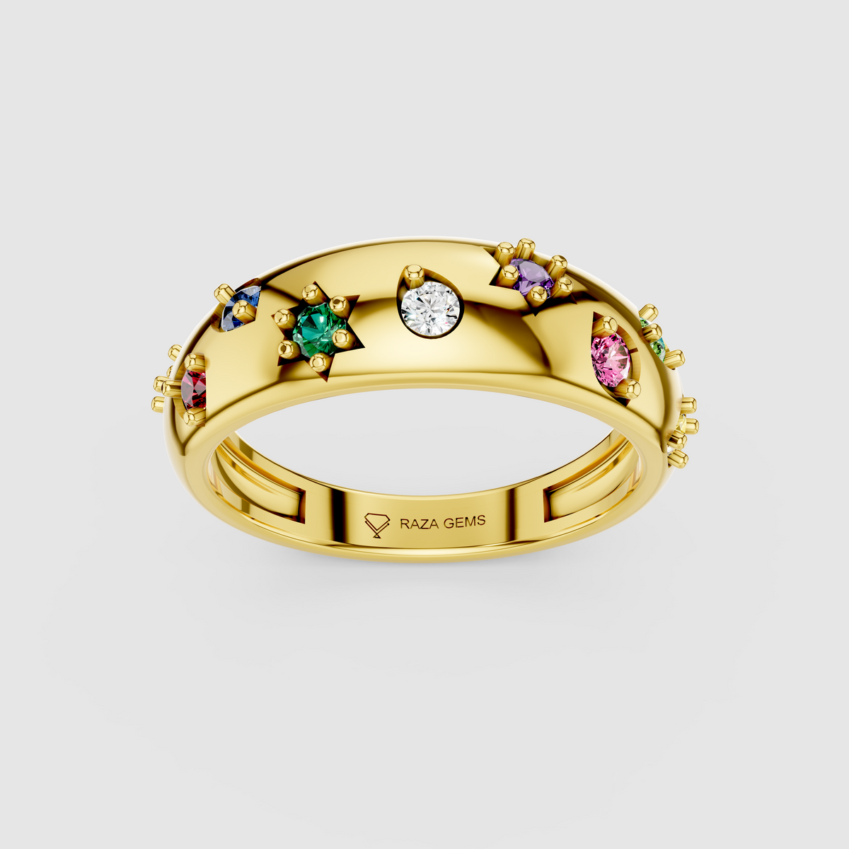 Maisie – Starburst Multi-Color Gemstone Dome Band in 18KT Gold