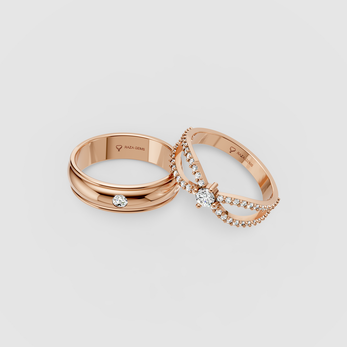 Delilah – 18K Solid Gold Moissanite Crossover Solitaire & Flush-Set Band Set