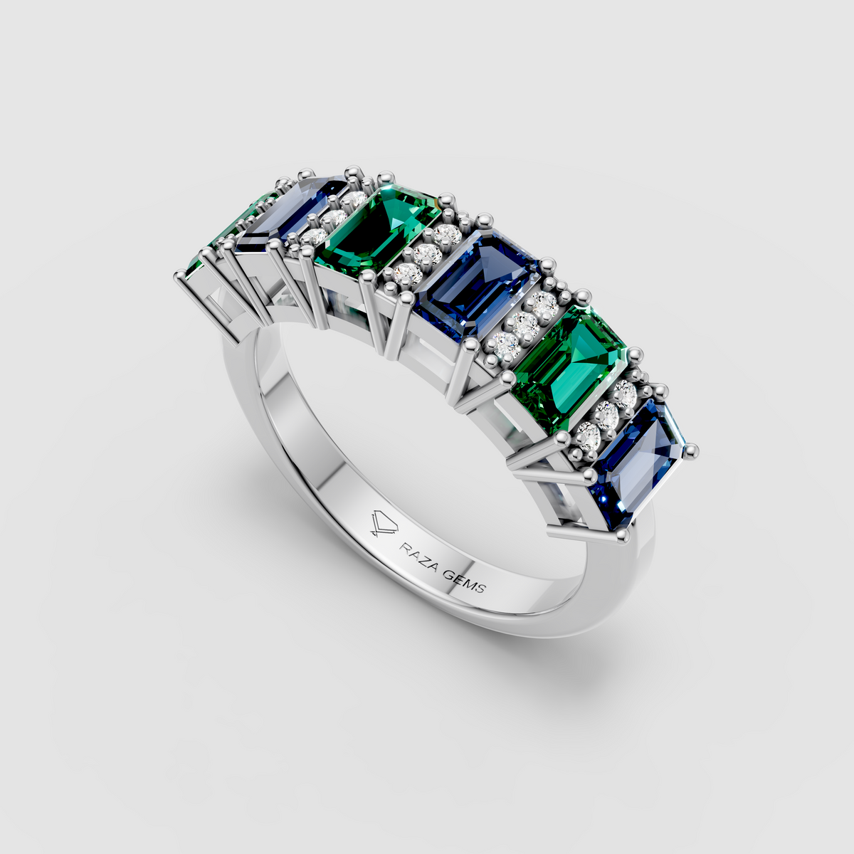 Evelyn - 18K Gold Emerald-Cut Emerald & Blue Sapphire Moissanite Band