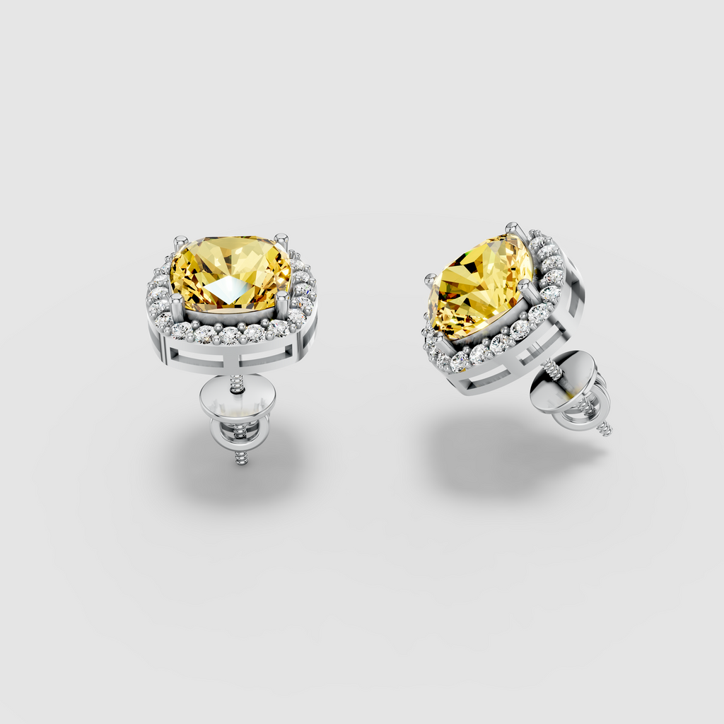 Donna - Solid 18K Gold Cushion Yellow Sapphire with Moissanite Halo Earrings"