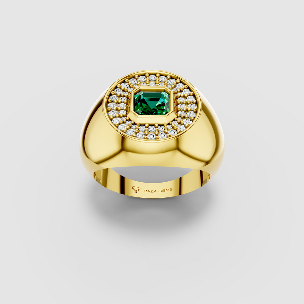 Sophia - 18K Gold Emerald & Circular Moissanite Halo Dome Rin