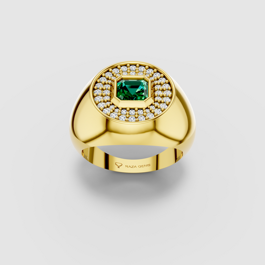 Sophia - 18K Gold Emerald & Circular Moissanite Halo Dome Rin