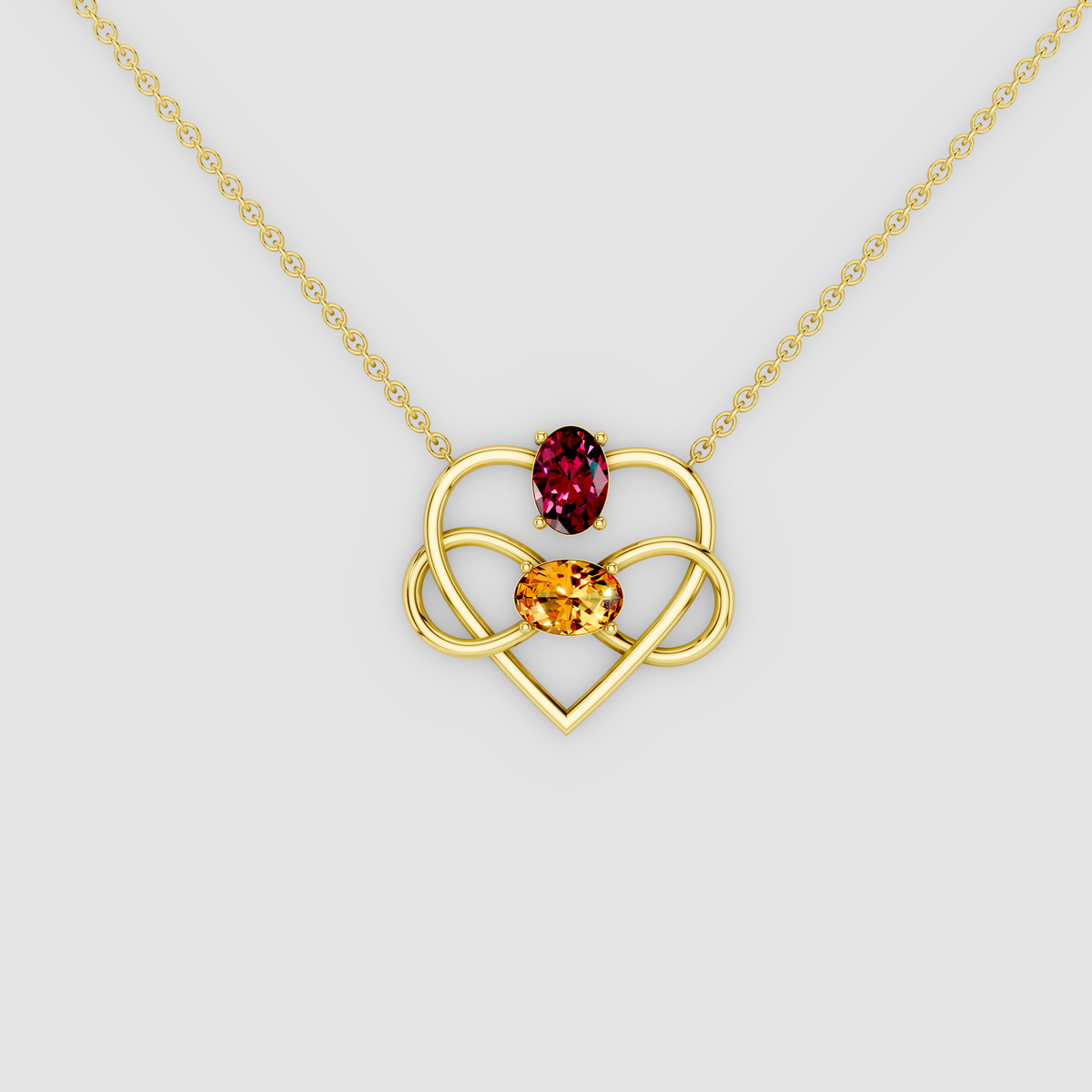Eternal Embrace – 18K Gold Interlocking Infinity Heart Garnet & Citrine Pendant