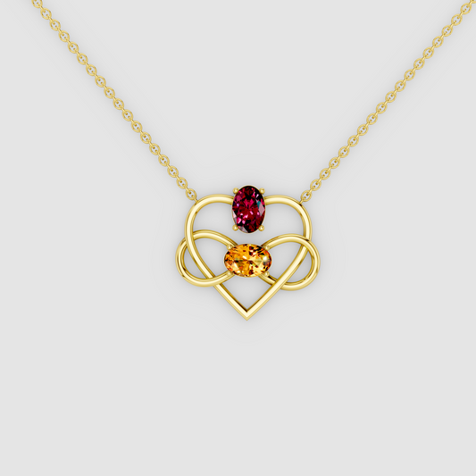 Eternal Embrace – 18K Gold Interlocking Infinity Heart Garnet & Citrine Pendant