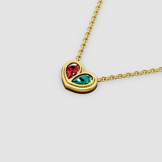 Amora – Pear Emerald & Ruby Bezel-Set Heart Pendant in 18KT Gold