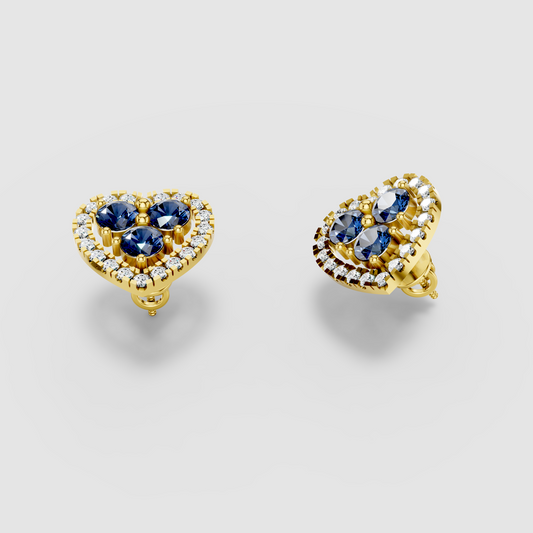 Samantha - Solid 18K Gold Blue Sapphire Trio Heart Stud Earrings"