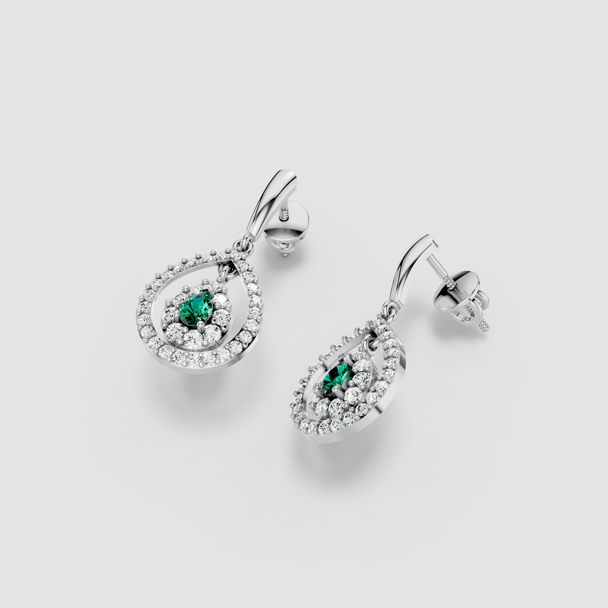 Patricia - 18K Gold Pear Emerald & Double Moissanite Halo Teardrop Drop Earrings"