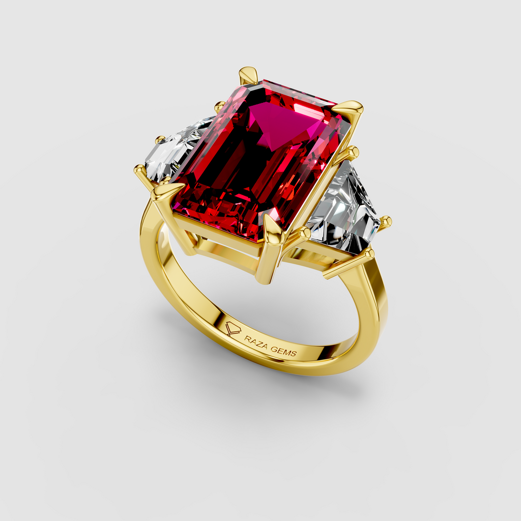 Olivia - 18K Gold Three-Stone Ruby & Moissanite Engagement Ring"