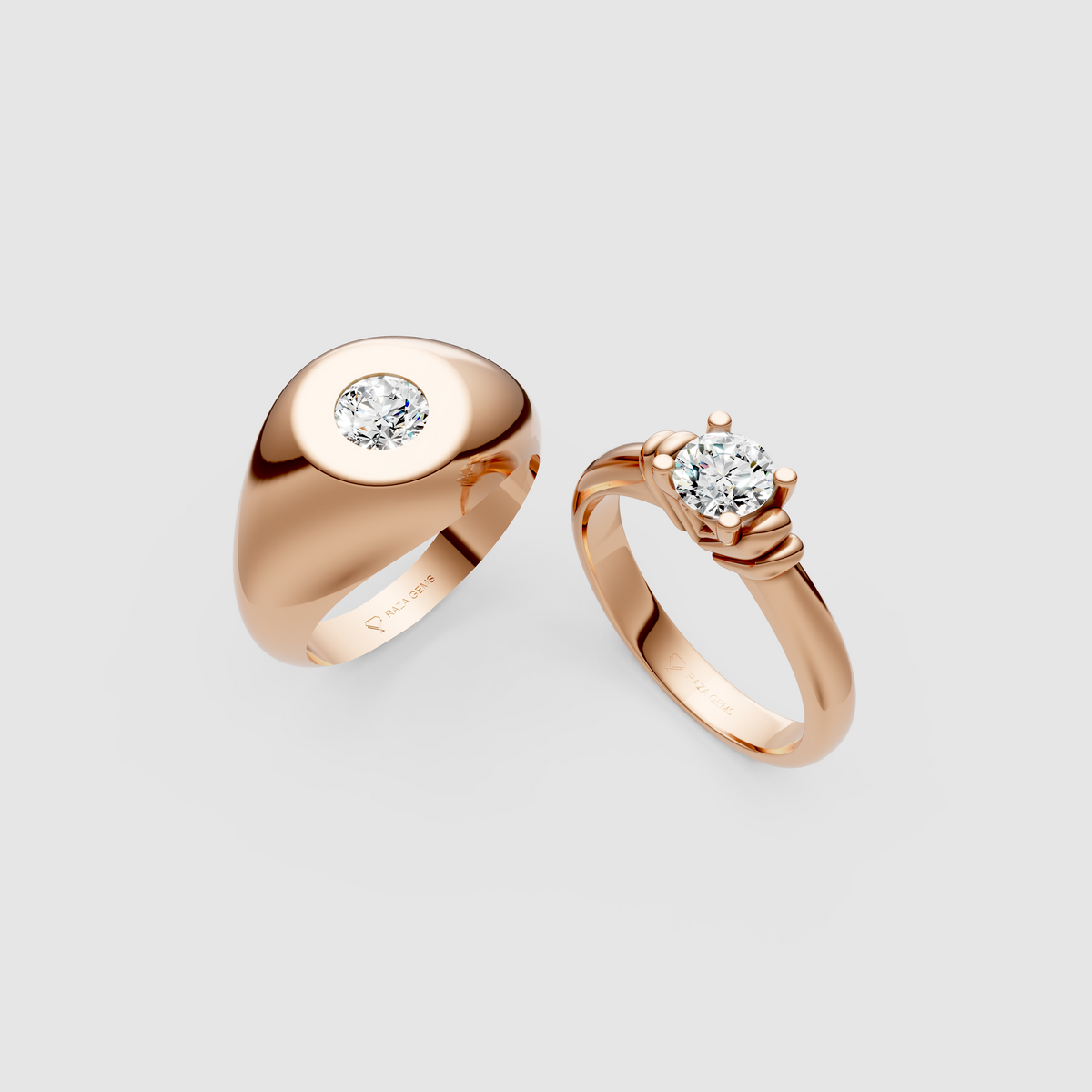 Violet – Modern Moissanite Solitaire & Flush-Set Signet Couple Ring Set in 18KT Gold