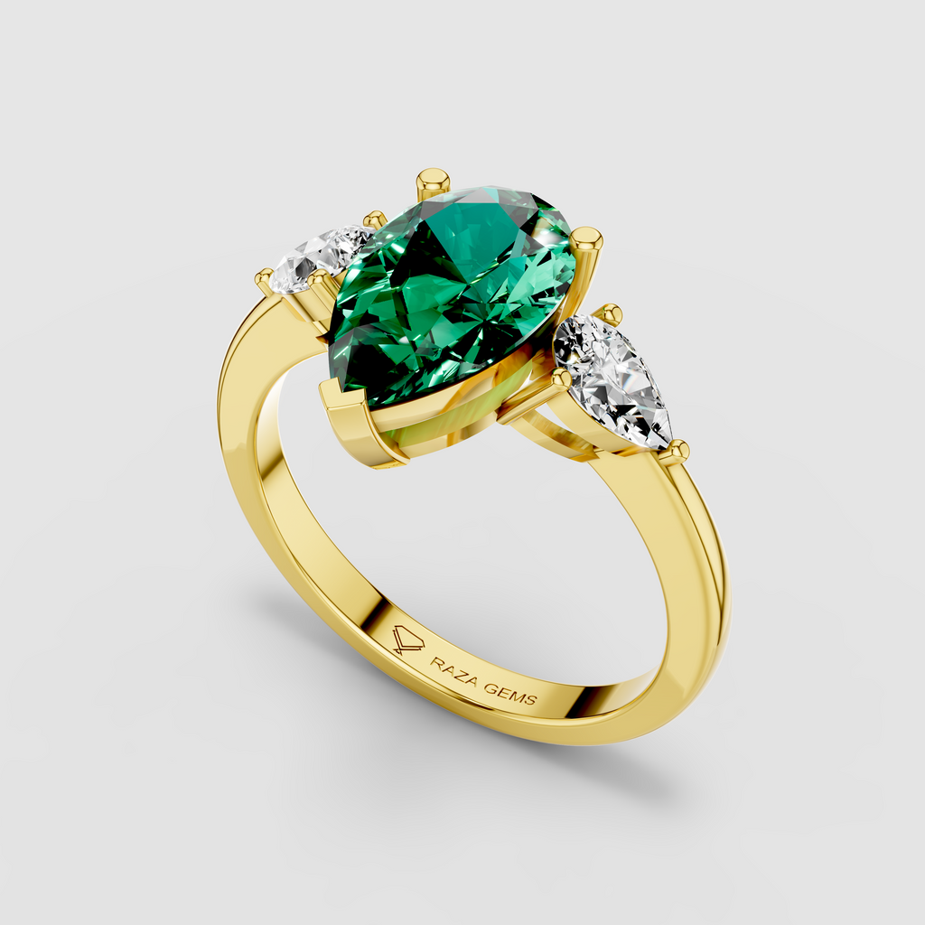 Sophia - Solid 18K Gold Pear Emerald with Pear Moissanite Side Stones