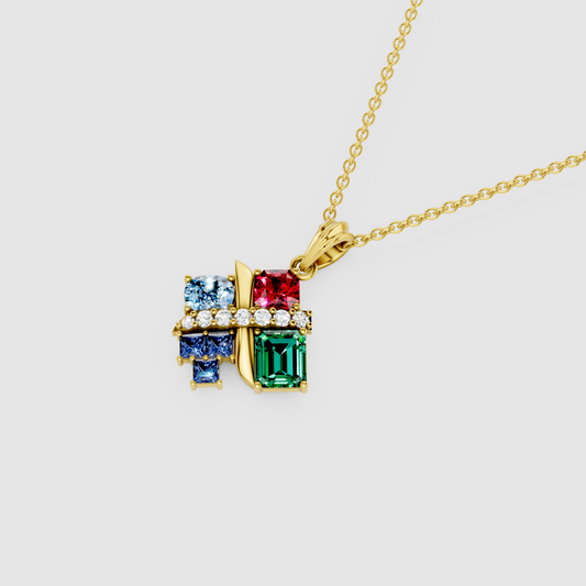 Iris – 18K Gold Multi-Gemstone Mosaic Pendant with Emerald, Ruby, Blue Sapphire, Sky Blue Topaz & Moissanite