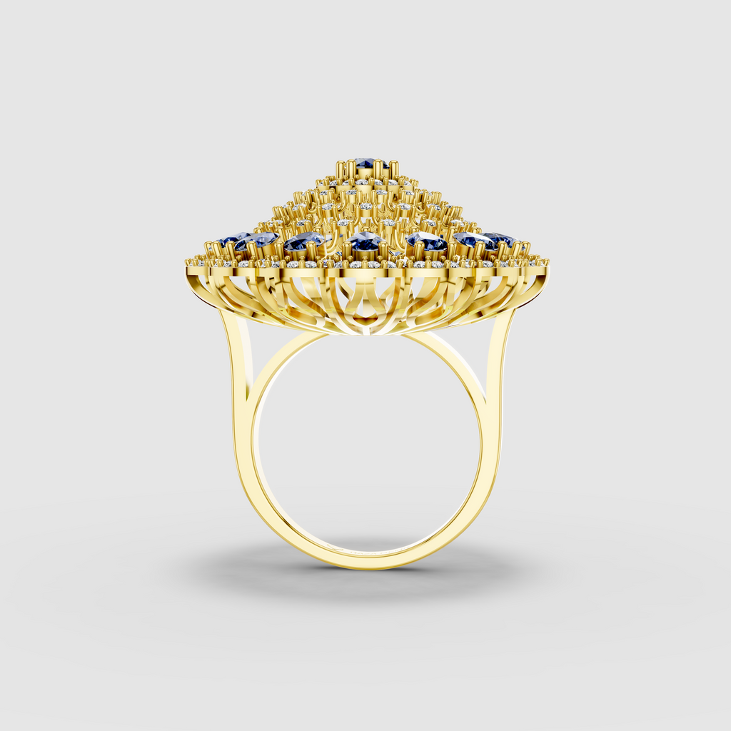 Adeline - Solid 18K Gold Pear Blue Sapphire & Pavé Moissanite Sunburst Ring
