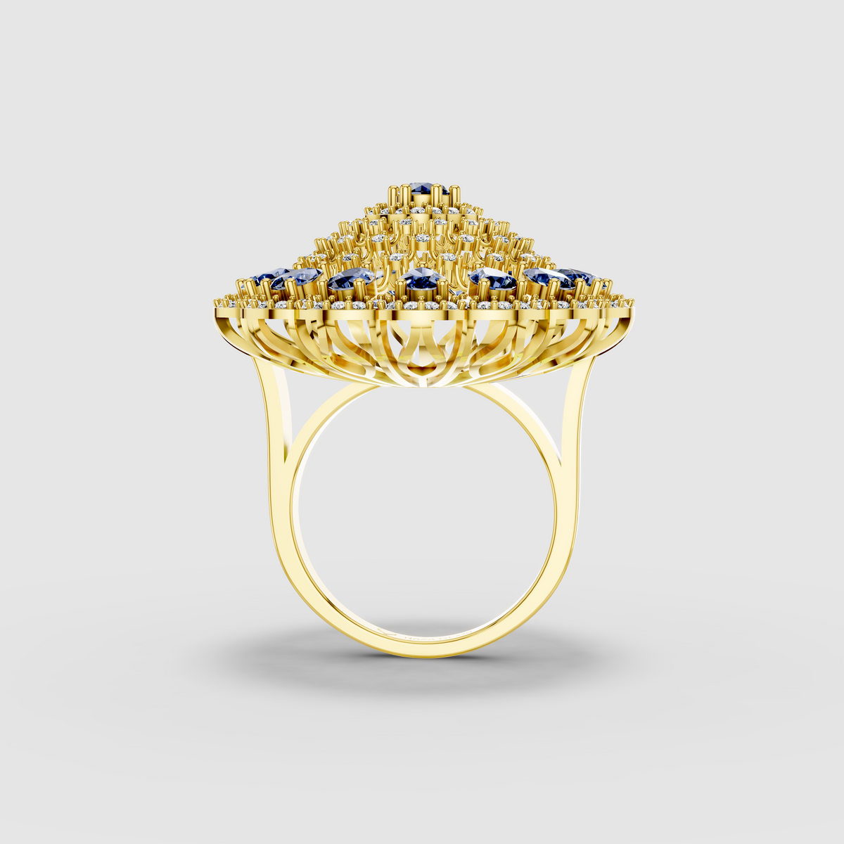 Adeline - Solid 18K Gold Pear Blue Sapphire & Pavé Moissanite Sunburst Ring