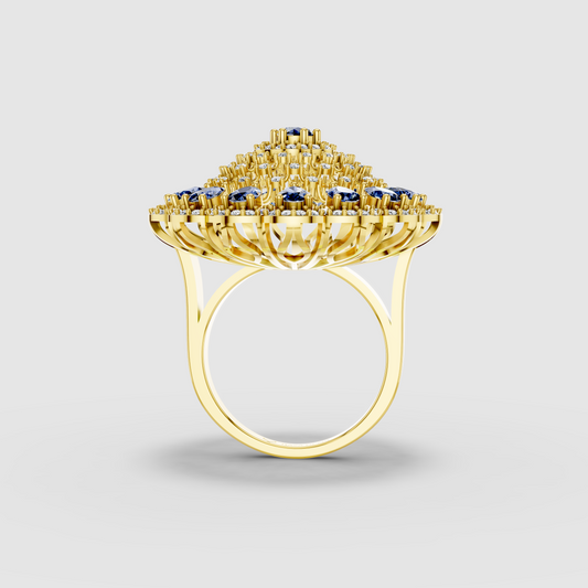 Adeline - Solid 18K Gold Pear Blue Sapphire & Pavé Moissanite Sunburst Ring