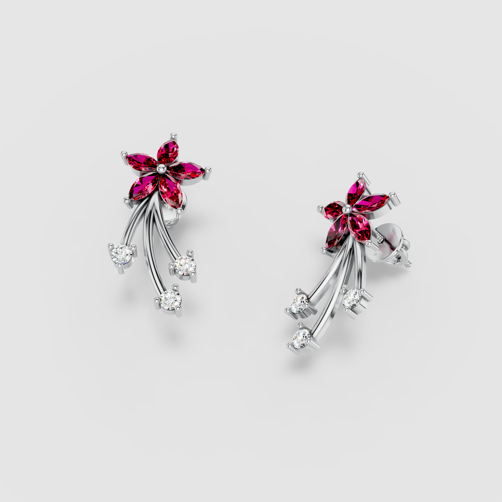 Sandra - 18K Gold Ruby Flower & Cascading Moissanite Drop Earrings"