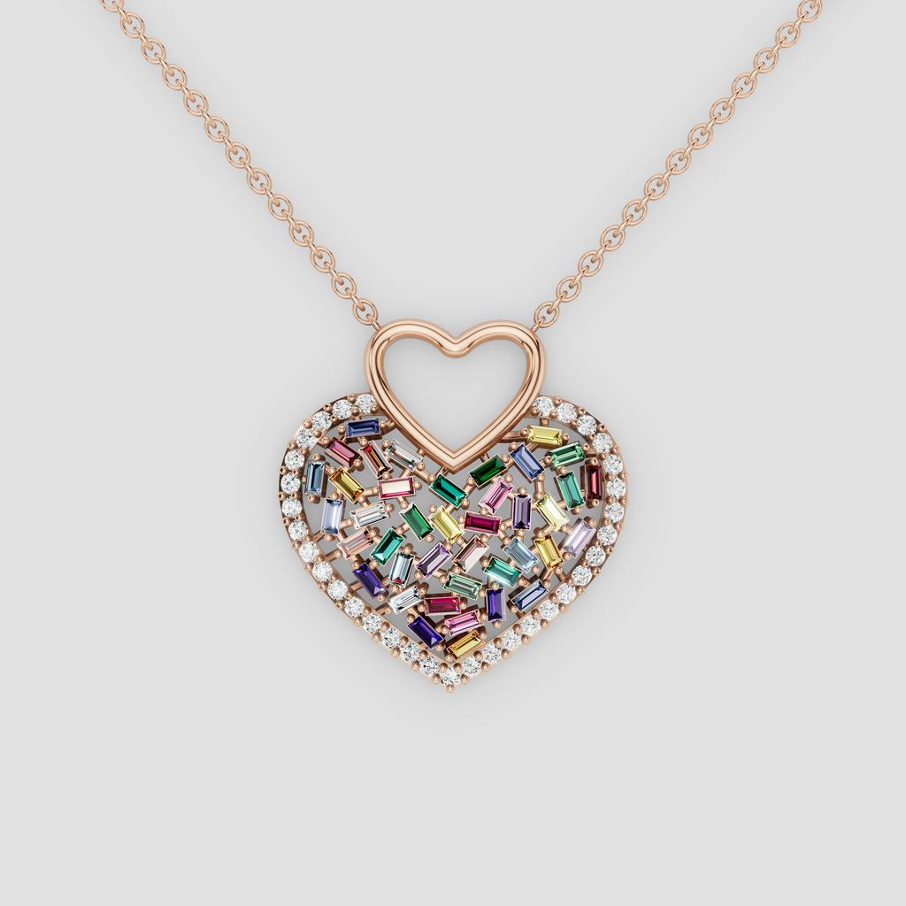 Aria – Natural Rainbow Gemstone Mosaic Heart Pendant in 18KT Gold