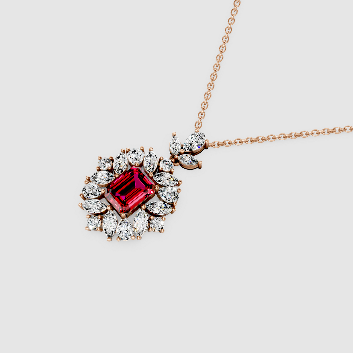 Vintage Charlotte – Emerald Cut Ruby Statement Pendant with Moissanite Sunburst Halo in 18KT Gold