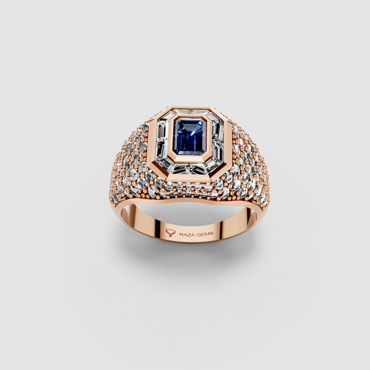 Adeline - Solid 18K Gold Emerald-Cut Sapphire with Baguette & Pavé Moissanite Halo Ring