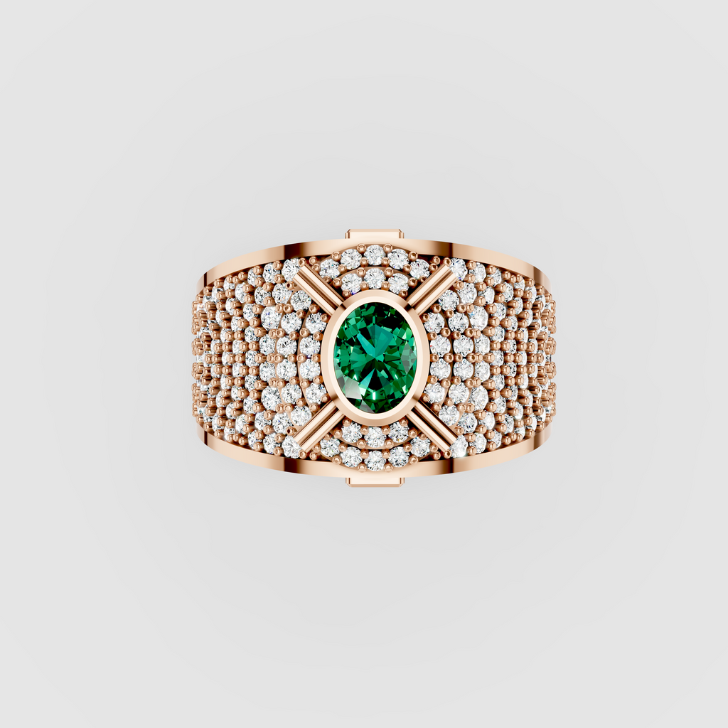 Camille - Solid 18K Gold Round Emerald, Moissanite Pavé & Blue Sapphire Ring