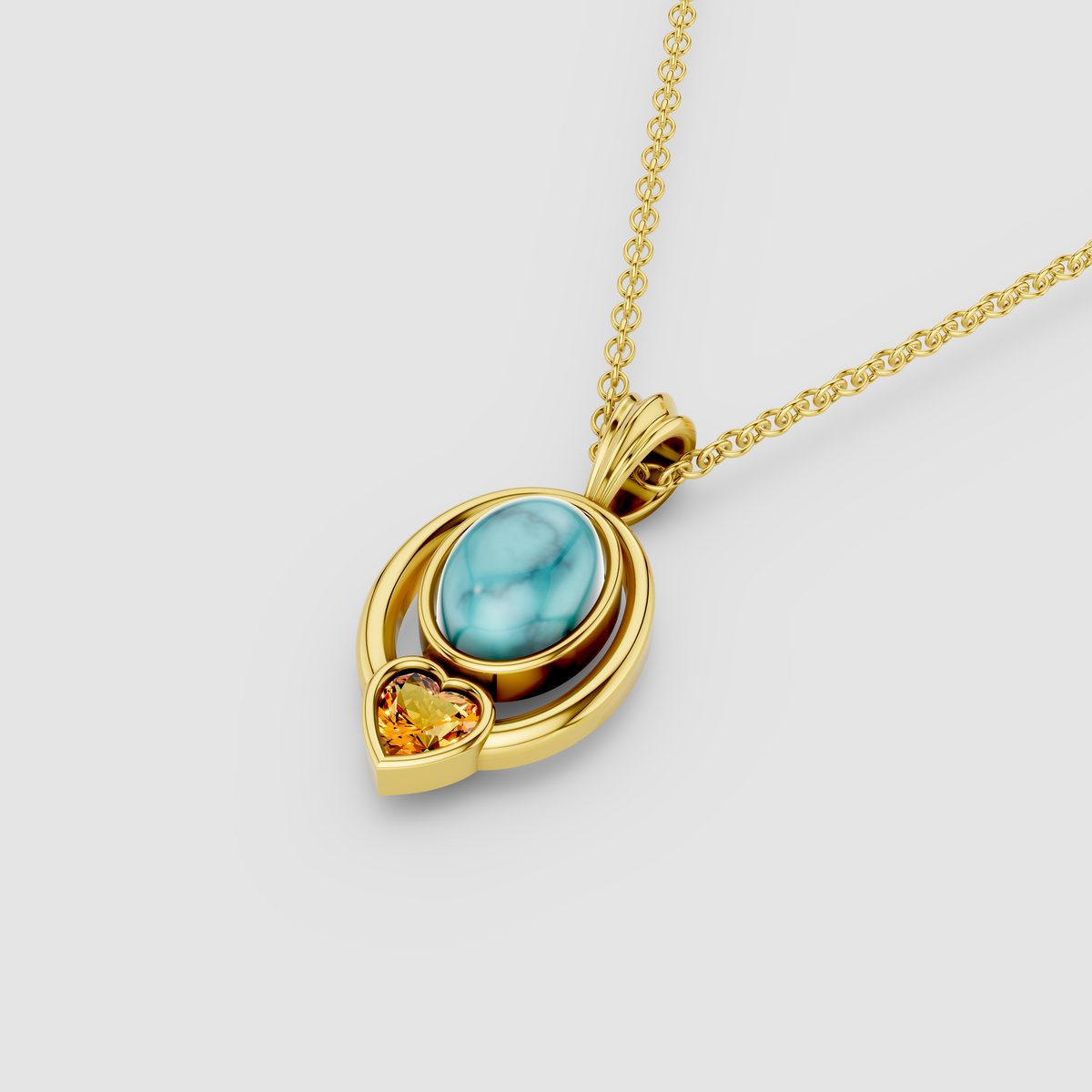 Kimberly - 18K Gold Oval Turquoise & Heart Citrine Statement Pendant (Pendant Only)"
