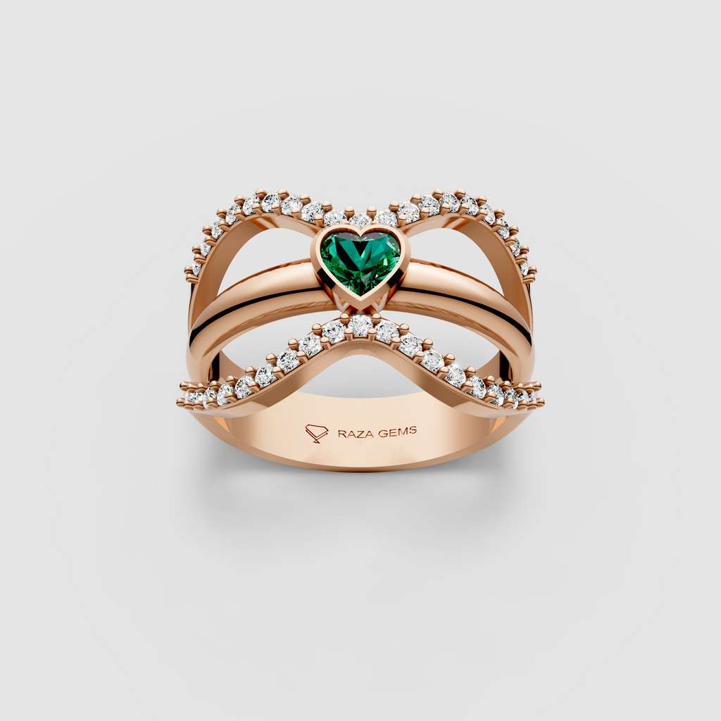Imogen – 18K Solid Gold Heart Emerald & Moissanite Wide Band Ring