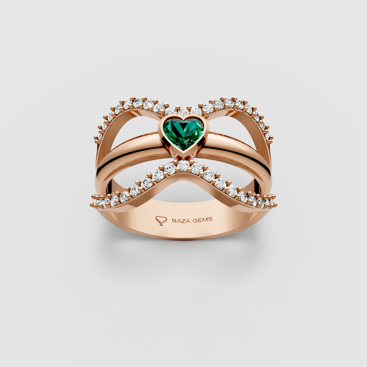 Imogen – 18K Solid Gold Heart Emerald & Moissanite Wide Band Ring