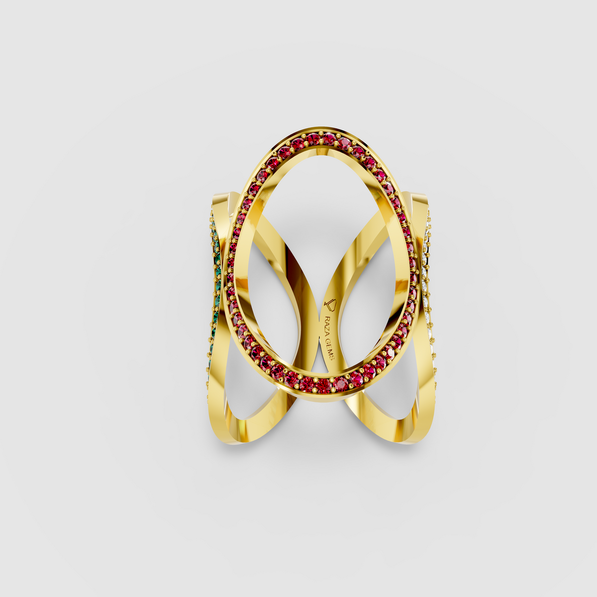Sophia - 18K Gold Pavé Emerald, Ruby & Moissanite Cage Ring