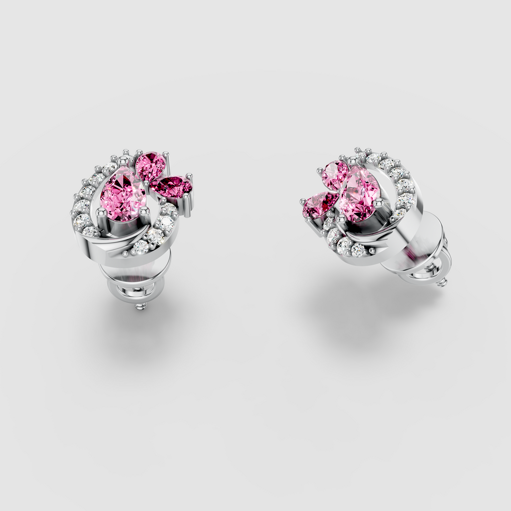 Shirley - Solid 18K Gold Pink Sapphire Cluster & Moissanite Swirl Earrings
